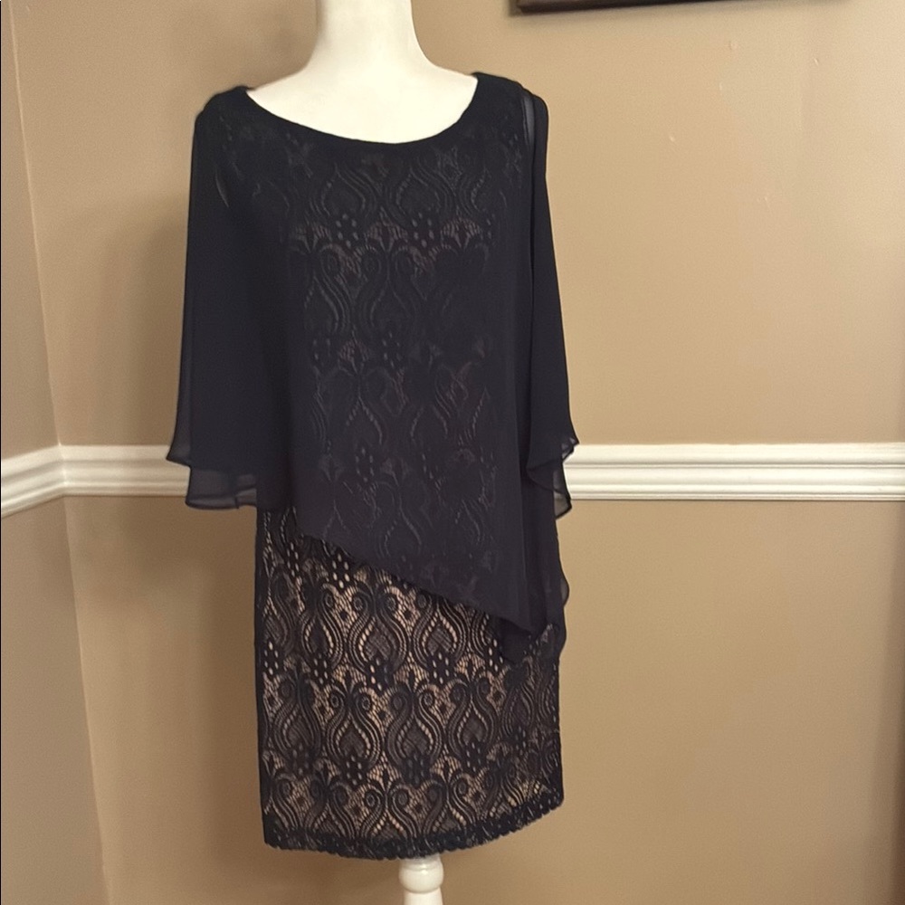 Elegant Navy Blue Lace Dress With Tan Fully lined